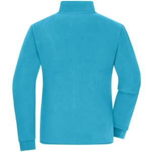 A turquoise bonded fleece jacket, featuring long sleeves and a high collar, with a logo on the back.