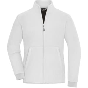 A white polar fleece jacket featuring a zip front, high collar, and two front pockets. It includes branding.