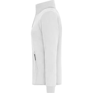 A grey ladies bonded fleece jacket featuring a zippered pocket and a high collar. It includes a logo on the front.
