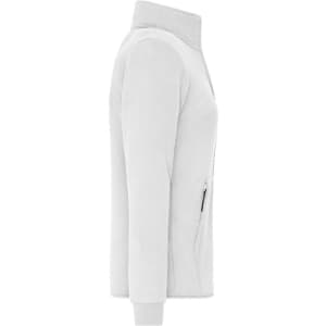 A ladies' bonded fleece jacket in white, featuring a zippered pocket and a high collar, with a sleek side view.