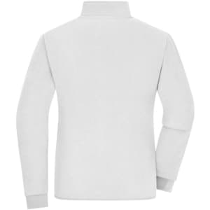A ladies' polar fleece jacket in white, featuring long sleeves and a high collar. It has a logo on the back.