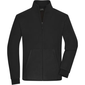 A black bonded fleece jacket with a zip front, standing collar, and side pockets. It features branding on the label.