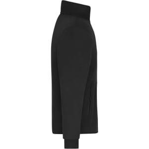 A black bonded fleece jacket featuring a high collar and fitted cuffs, with a logo on the side.