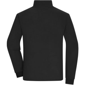 A black men's bonded fleece jacket featuring a high collar and long sleeves, with a logo on the back.