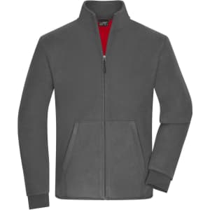 A grey men's bonded fleece jacket with a red interior and side pockets, featuring a zip closure and a collar.