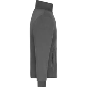 A men's bonded fleece jacket in grey. Features a high collar and side pocket, with a logo on the fabric.
