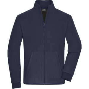 A navy bonded fleece jacket featuring a zip front and side pockets. The jacket has a collar and long sleeves.