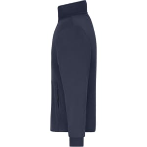 A navy men's bonded fleece jacket, featuring a high collar and side pockets, with branding on it.