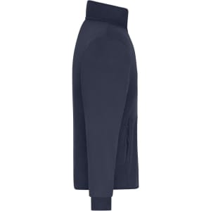 A men's bonded fleece jacket in navy blue, featuring a zipper pocket and a high collar. The jacket has a sleek design.