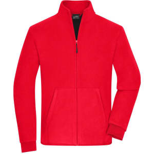 A red bonded fleece jacket with a high collar and zip closure, featuring side pockets. It has a logo on the chest.