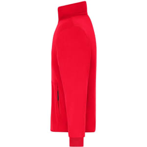 A red men's bonded fleece jacket featuring a high collar and side pockets, with a logo on the sleeve.