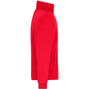 A red bonded fleece jacket with a high collar and side pockets. The jacket features a logo.