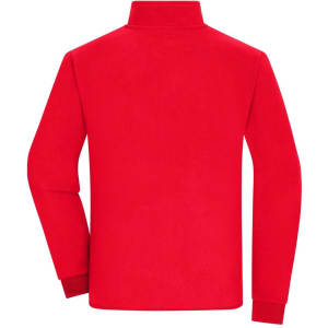 A red men's bonded fleece jacket with a high collar and long sleeves, featuring a logo on the back.