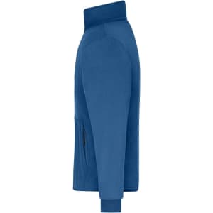 A blue bonded fleece jacket displayed from the side, featuring a zip pocket and a high collar.