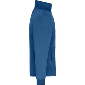 A blue men's bonded fleece jacket features a high collar and zippered pocket on the side. It has a logo on the chest.
