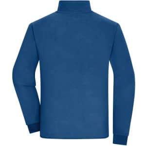 A blue men's bonded fleece jacket featuring a high collar and long sleeves, with a branding logo on the back.
