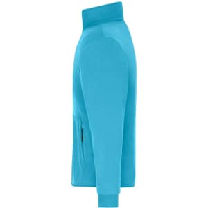 A turquoise men's bonded fleece jacket displayed from the side, featuring a zip pocket and a logo.