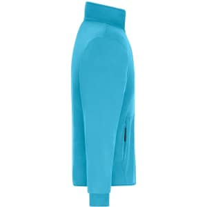 A side view of a men's bonded fleece jacket in bright blue, featuring a zip pocket and a high collar.