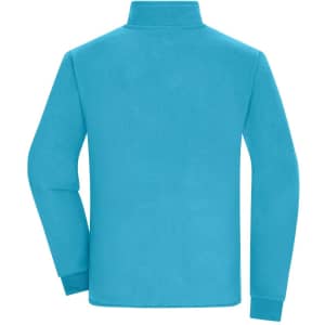 A blue bonded fleece jacket with long sleeves and a high collar, featuring a logo on the back.