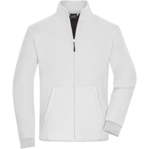 A white bonded fleece jacket with a zip front and side pockets, featuring a collar and a logo.