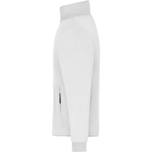 A white bonded fleece jacket with a high collar and zippered side pocket, featuring a logo on the sleeve.