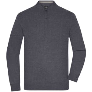 A grey knitted jumper featuring a half-zip front and long sleeves. The jumper has a logo on it.