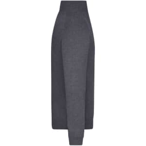 A grey knitted half-zip jumper displayed from the side, featuring long sleeves and a fitted design.