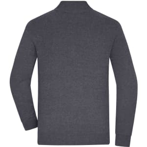 A men's half-zip jumper in dark grey, featuring long sleeves and a simple design, with a branding logo.