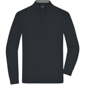 A dark navy knitted jumper with a half-zip collar and long sleeves, featuring a logo on the chest.