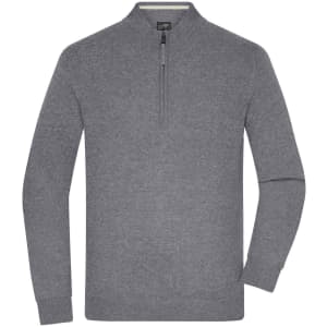 A grey men's half-zip jumper with long sleeves and a collar, featuring a branded logo.