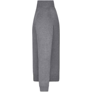 A grey knitted jumper with a half-zip, featuring long sleeves and ribbed cuffs. It has a logo on the chest.