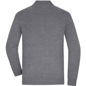 A grey knitted jumper with a half-zip collar and long sleeves, featuring a logo.