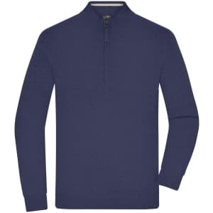A men's half-zip jumper in navy blue with long sleeves and a zippered neckline. It has a logo on the chest.
