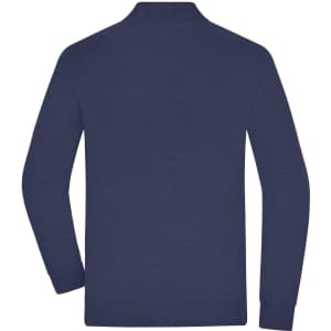 A navy knitted jumper with a half-zip collar and long sleeves, featuring a logo on the back.