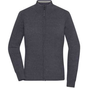 A dark grey zip-up cardigan for women with a fitted design and long sleeves. It features a front zipper and has a logo.