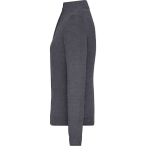 A grey ladies zip-cardigan featuring long sleeves and a sleek design. It includes a logo on the fabric.