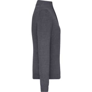A ladies zip-cardigan in dark grey, featuring a fitted design and a side view showcasing its smooth texture.