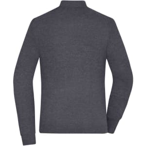 A dark grey ladies zip cardigan viewed from the back, featuring long sleeves and a collar. It has a logo on the back.