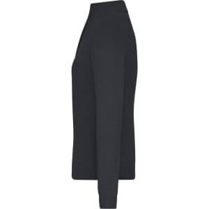 A dark navy ladies zip-cardigan, featuring a high neckline and long sleeves, with a branding logo present.