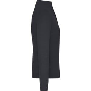 A side view of a dark navy zip-cardigan with long sleeves and a fitted design, featuring a logo.