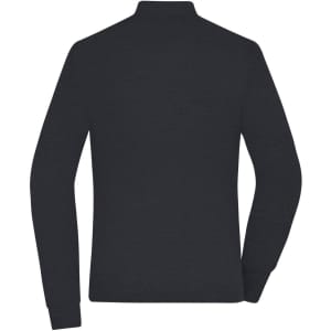 A zip-up cardigan in black, featuring long sleeves and a high collar, with a logo on the back.