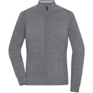 A grey zip-up cardigan with a fitted design and a high collar, featuring a zip closure and long sleeves.