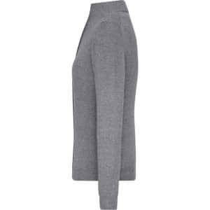 A grey ladies zip cardigan displayed from the side. The garment features long sleeves and a high collar.