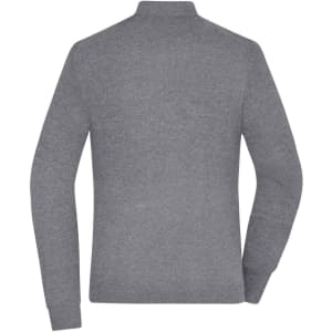 A grey zip-cardigan with long sleeves, featuring a high collar and a simple design. It has a logo on the back.