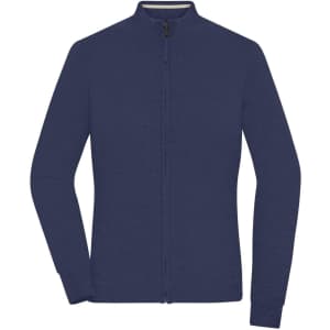 A navy blue ladies zip-cardigan featuring a full zip front and long sleeves, with a simple design.