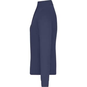 A navy blue ladies zip-cardigan with a high collar and long sleeves, featuring a logo on the side.