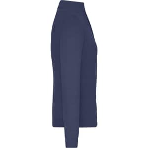 A zip cardigan for ladies in navy blue, featuring a smooth, fitted design and long sleeves. It has a logo on the fabric.