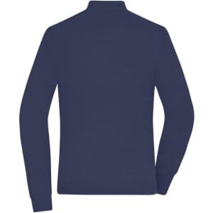 A navy blue ladies zip-cardigan with a stand-up collar, featuring long sleeves and a smooth texture on the back.
