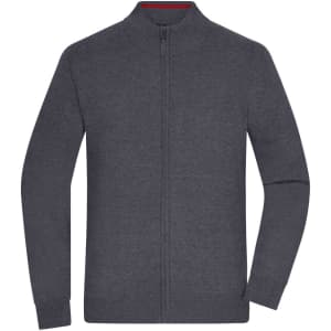A grey zip cardigan with long sleeves and a high collar, featuring a subtle inner colour detail and a logo.