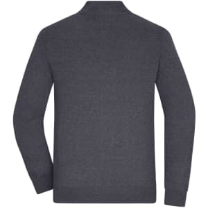 A men's zip cardigan in dark grey, featuring long sleeves and a high collar, with a logo on the back.